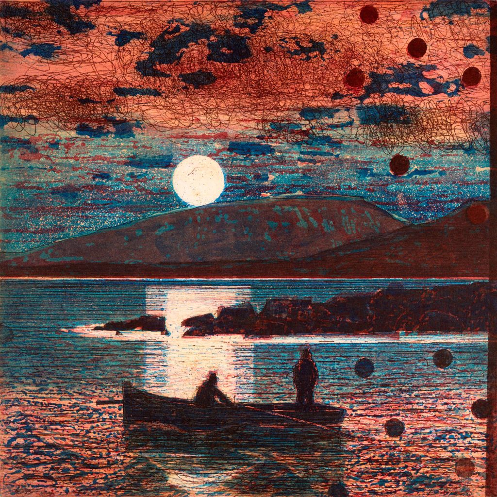 Artist Observing Moonrise from the Sea. 2021 Etching on Zerkall 350g, 33x33cm